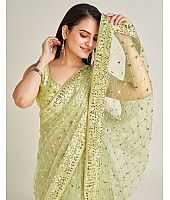 Pista green net sequins dori work wedding saree