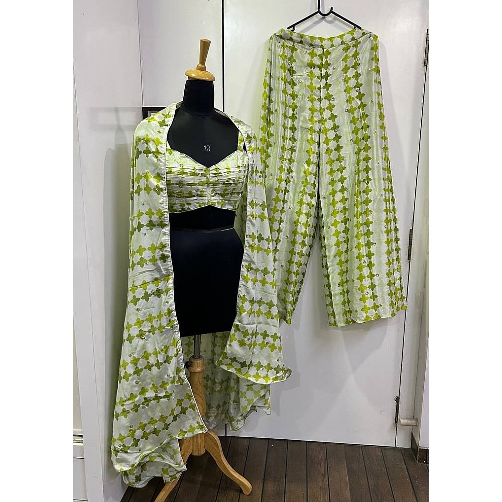 Pista green printed crepe silk indowestern palazzo suit with shrug koti