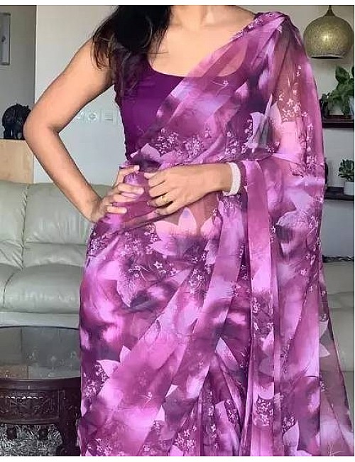 Purple cotton linen floral printed casual saree