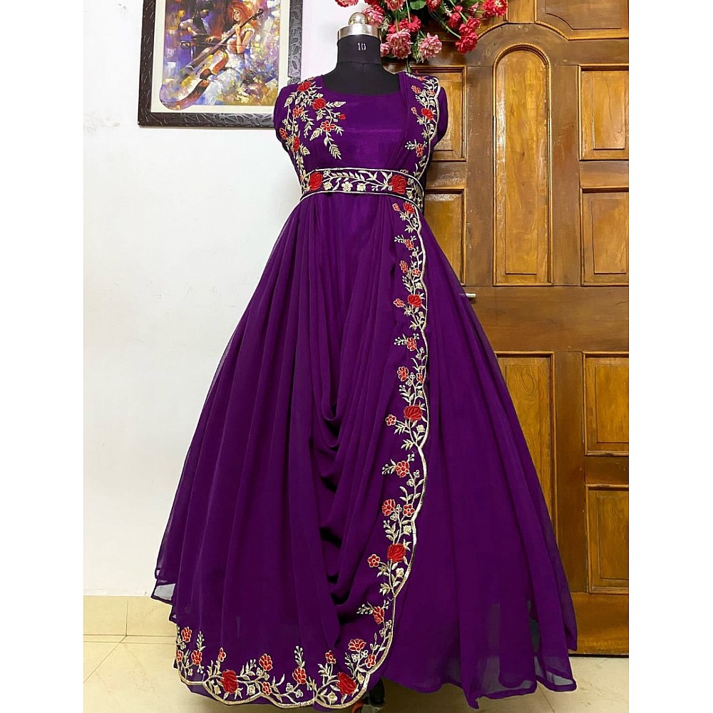 Purple georgette embroidered indowestern umbrella flair gown