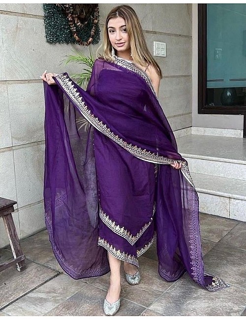 Purple georgette embroidered palazzo suit