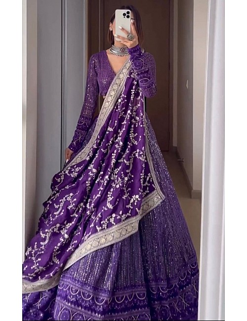 Purple georgette heavy embroidery work designer wedding lehenga choli