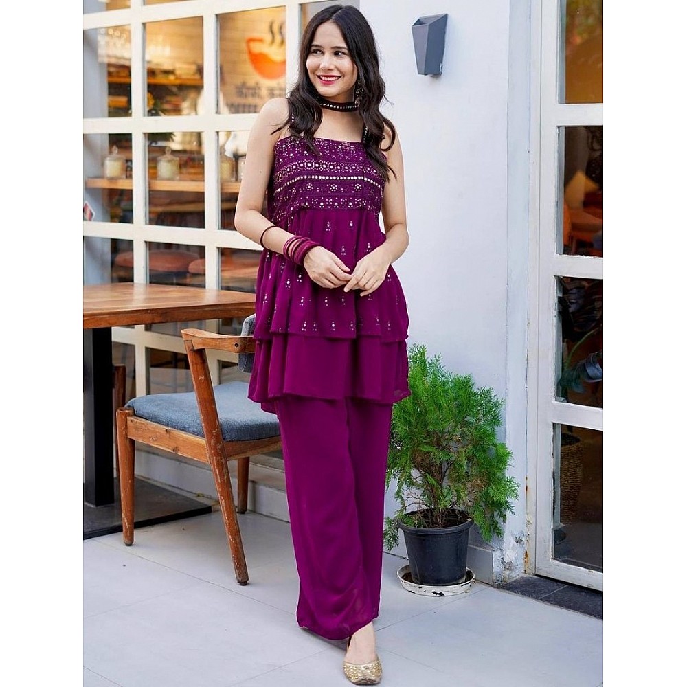Purple georgette mirror and thread work plazzo suit