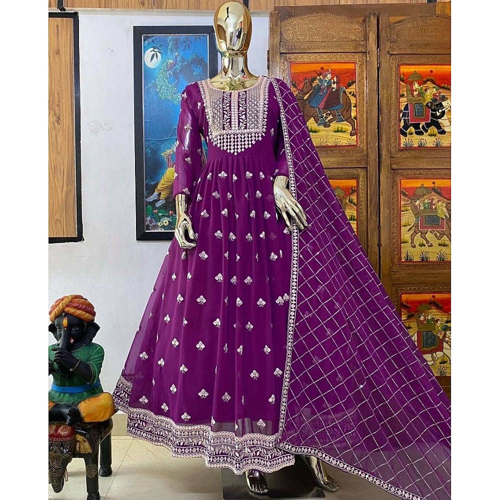 Purple georgette sequence foil mirror work gown