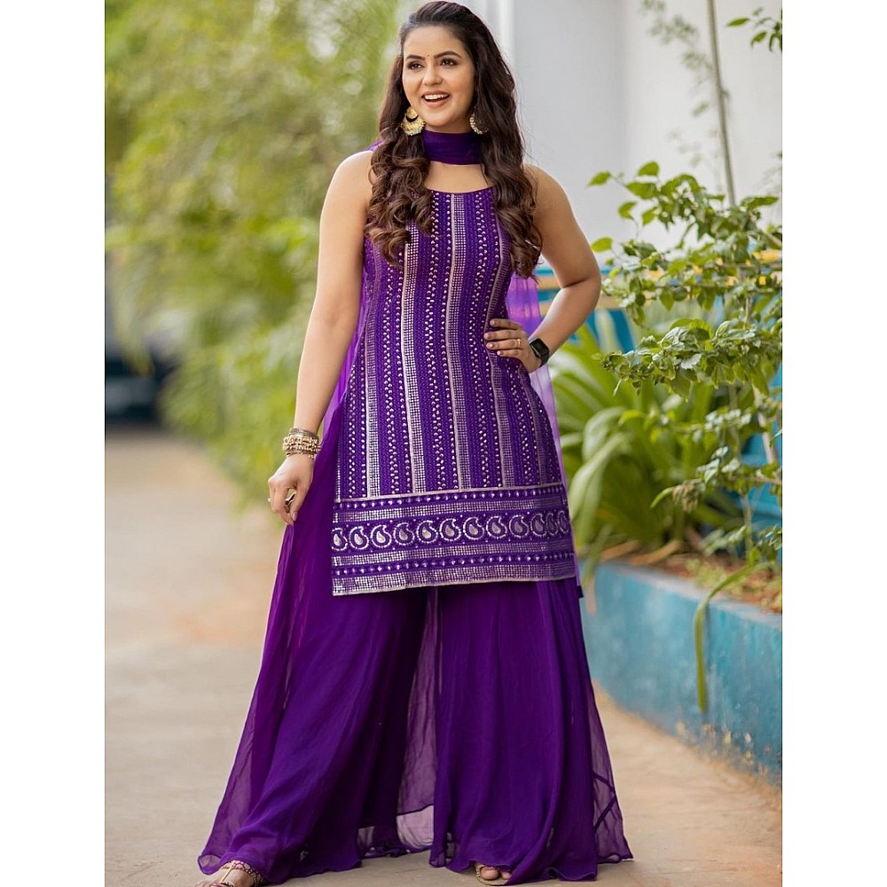 Purple georgette thread sequence work palazzo suit