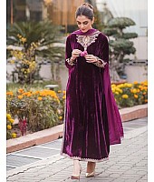Purple velvet embroidered party wear salwar suit