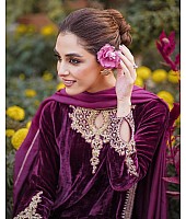 Purple velvet embroidered party wear salwar suit
