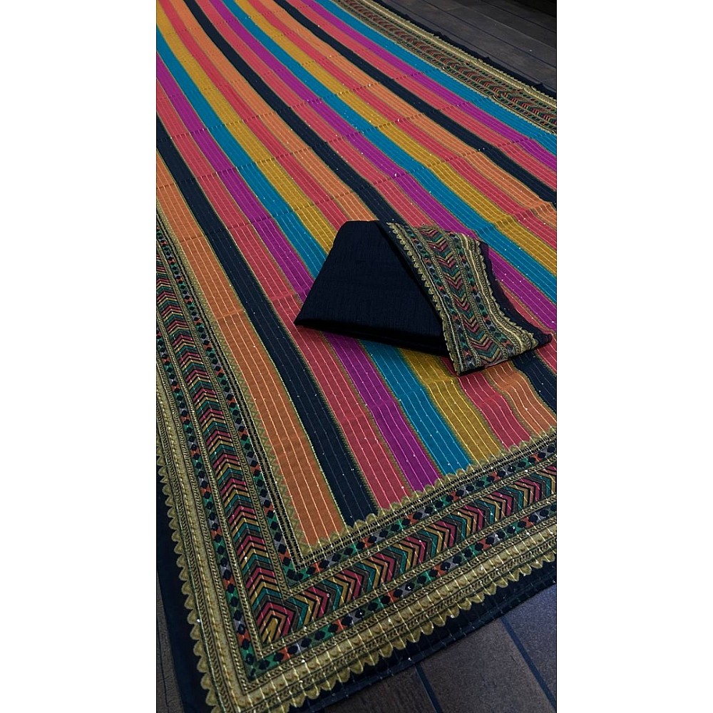 Rainbow multicolor color thread sequence embroidery work designer saree