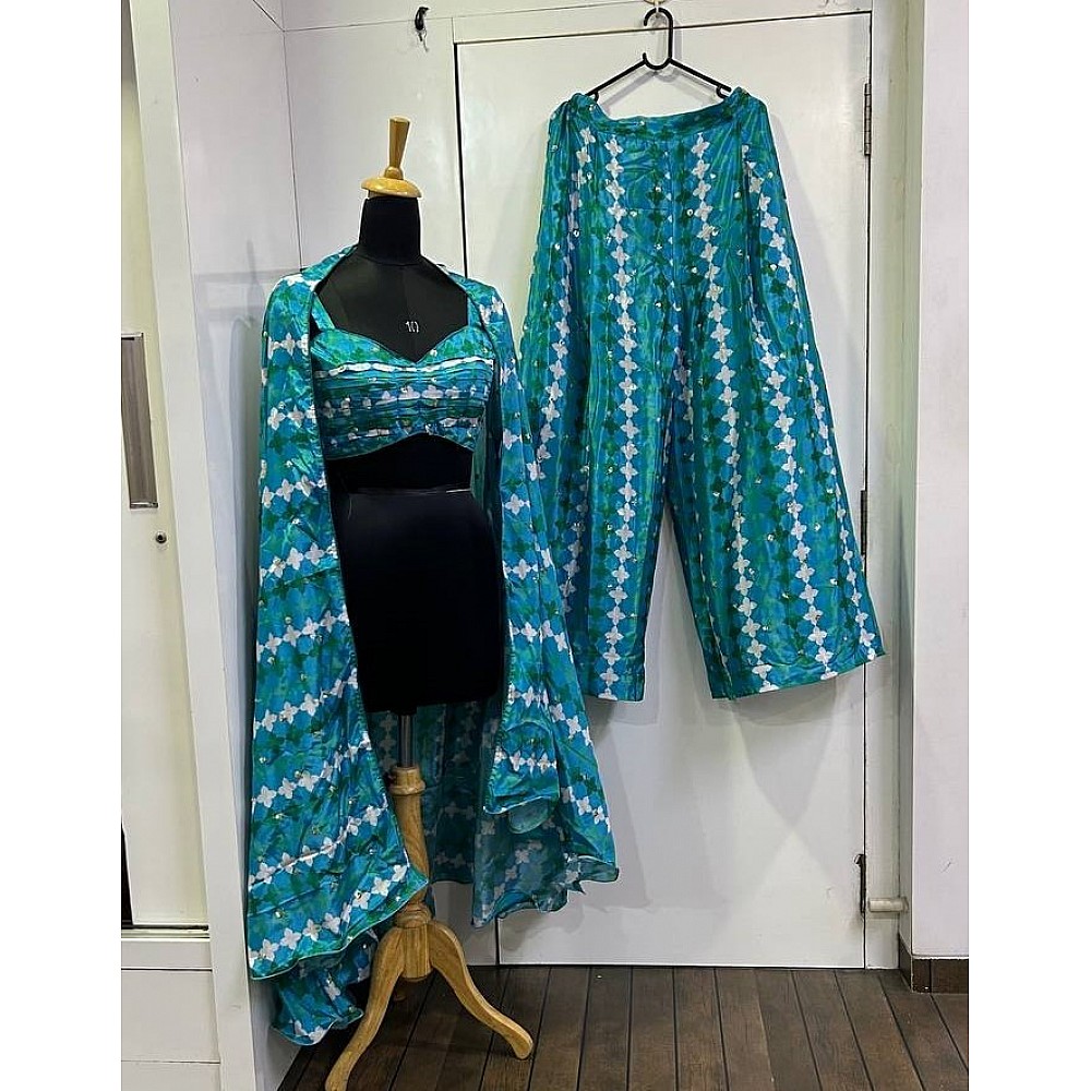 Rama printed crepe silk indowestern palazzo suit with shrug koti