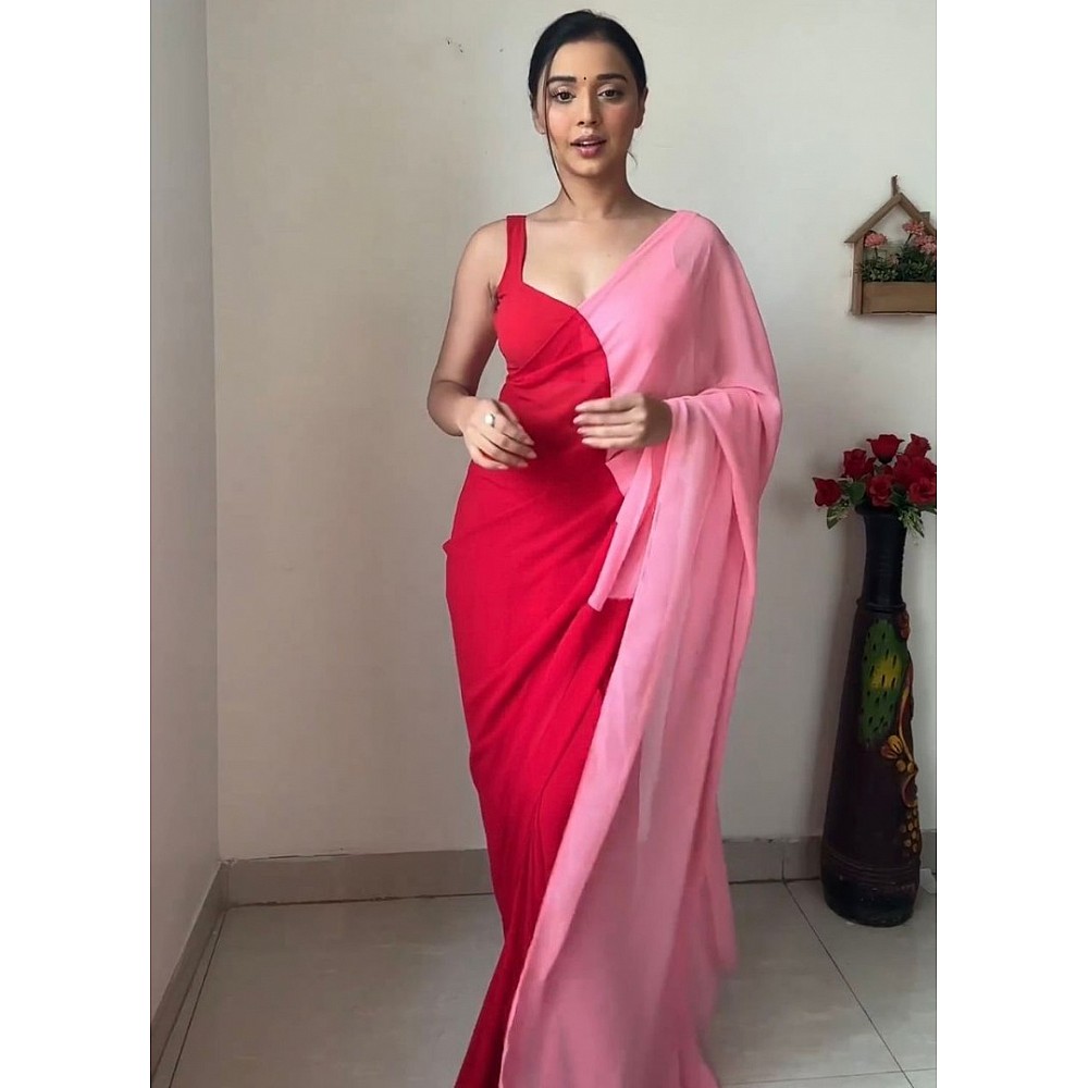 Red and baby pink georgette printed alia bhatt bollywood saree