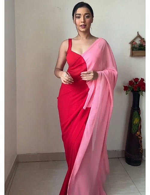 Red and baby pink georgette printed alia bhatt bollywood saree