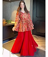 Red crepe printed palazzo suit