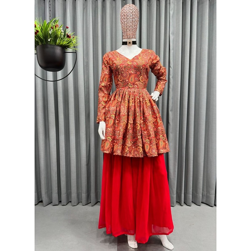 Red crepe printed palazzo suit