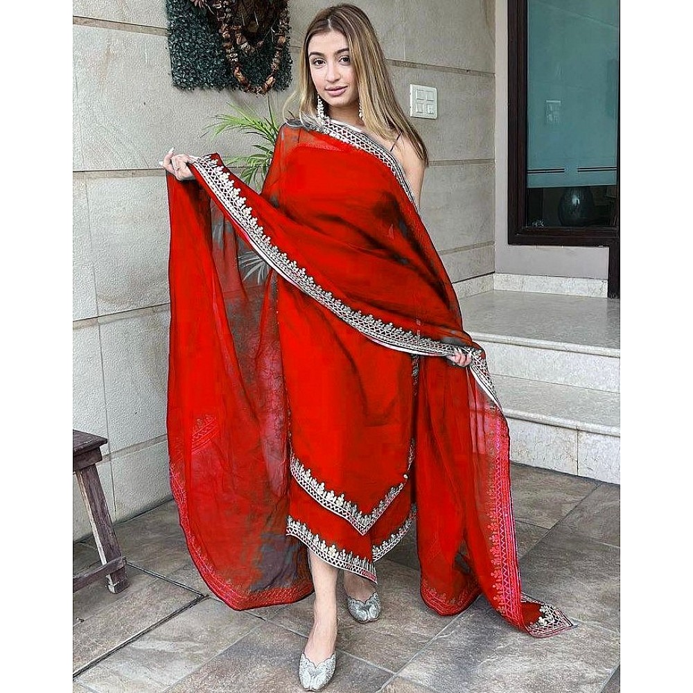 Red georgette embroidered palazzo suit
