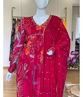 Red georgette floral printed hand work alia cut suit
