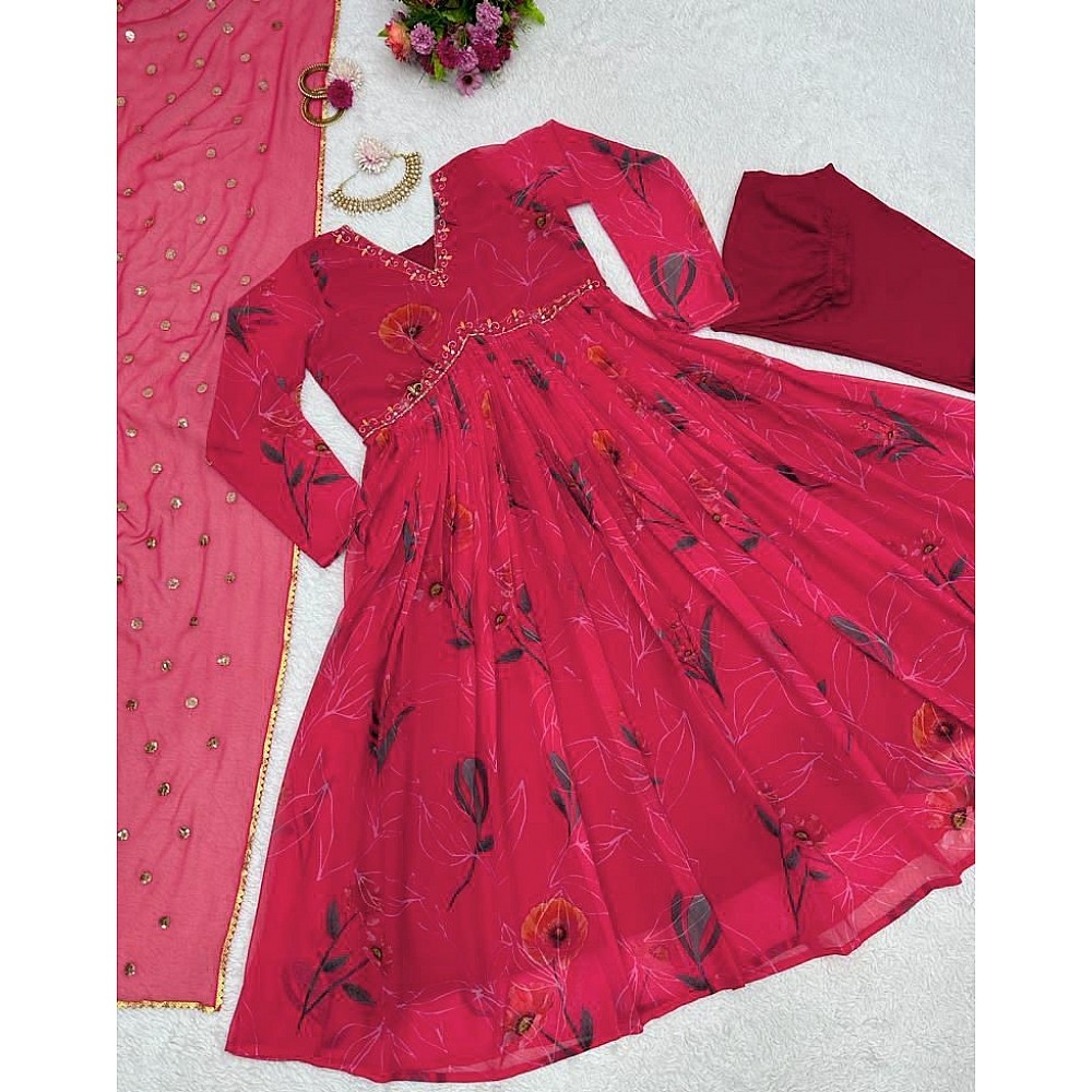 Salwar Suits : Red georgette floral printed hand work alia ...