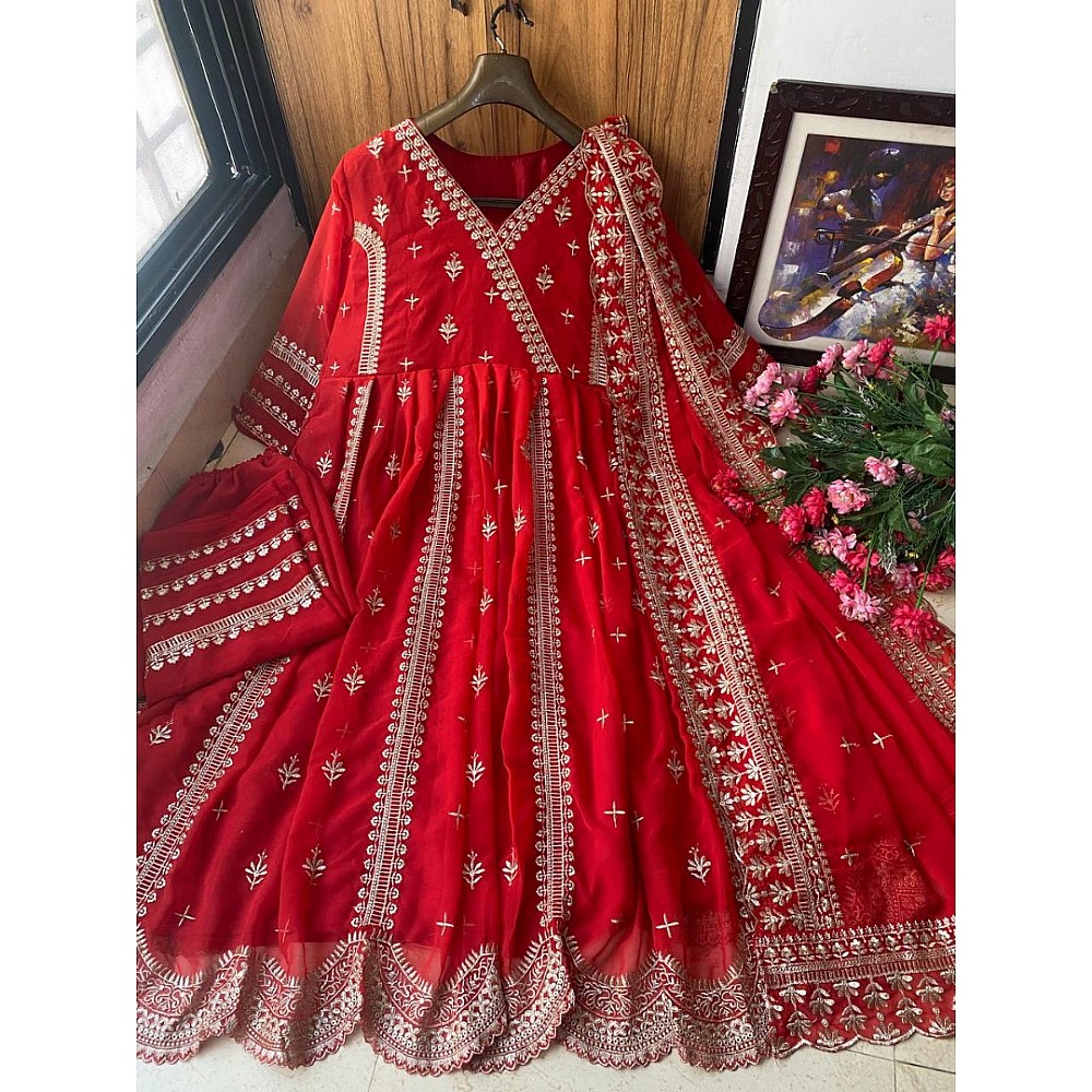 Pant Suits : Red georgette heavy embroidery work pant salwar ...