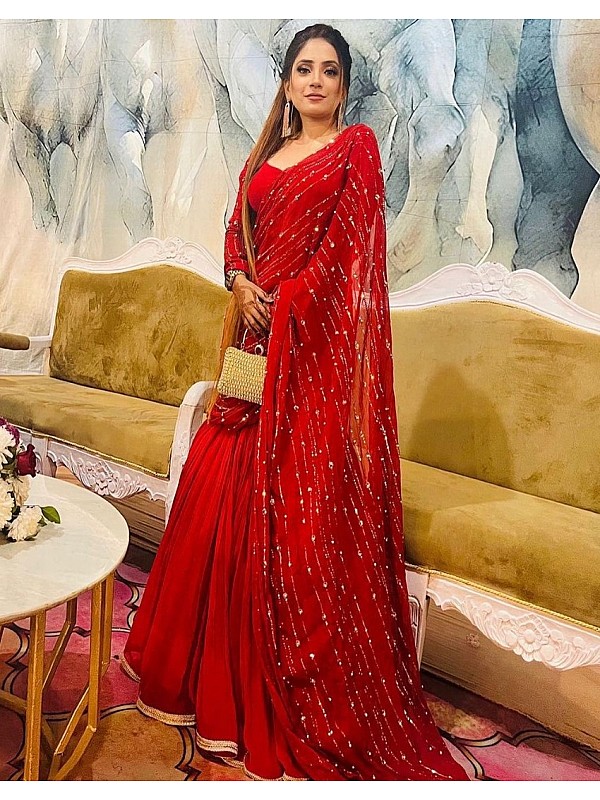 Pure Micro Velvet Wedding Wear Lehenga Saree In Red With Embroidery &  Crystals Stone Work - Lehenga Saree - Saree