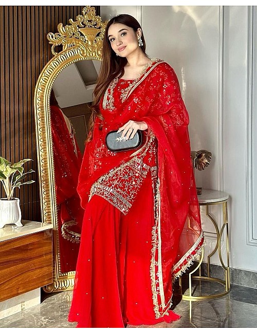 Red georgette sharara suit for wedding