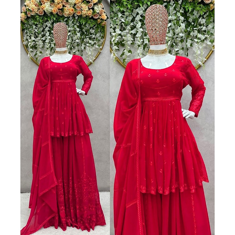 Red georgette thread embroidery work sara ali designer palazzo suit