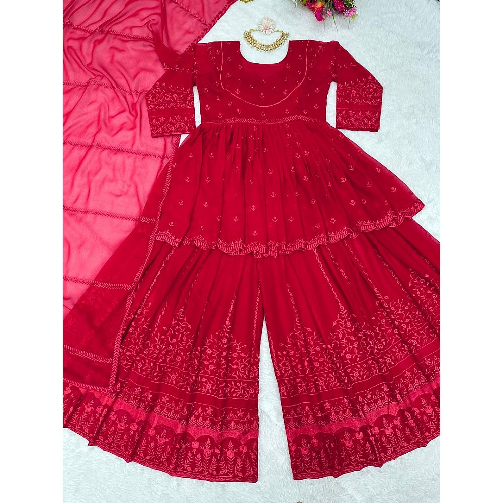 Red georgette thread embroidery work sara ali designer palazzo suit