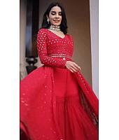 Red georgette thread sequence work gown sharara suit