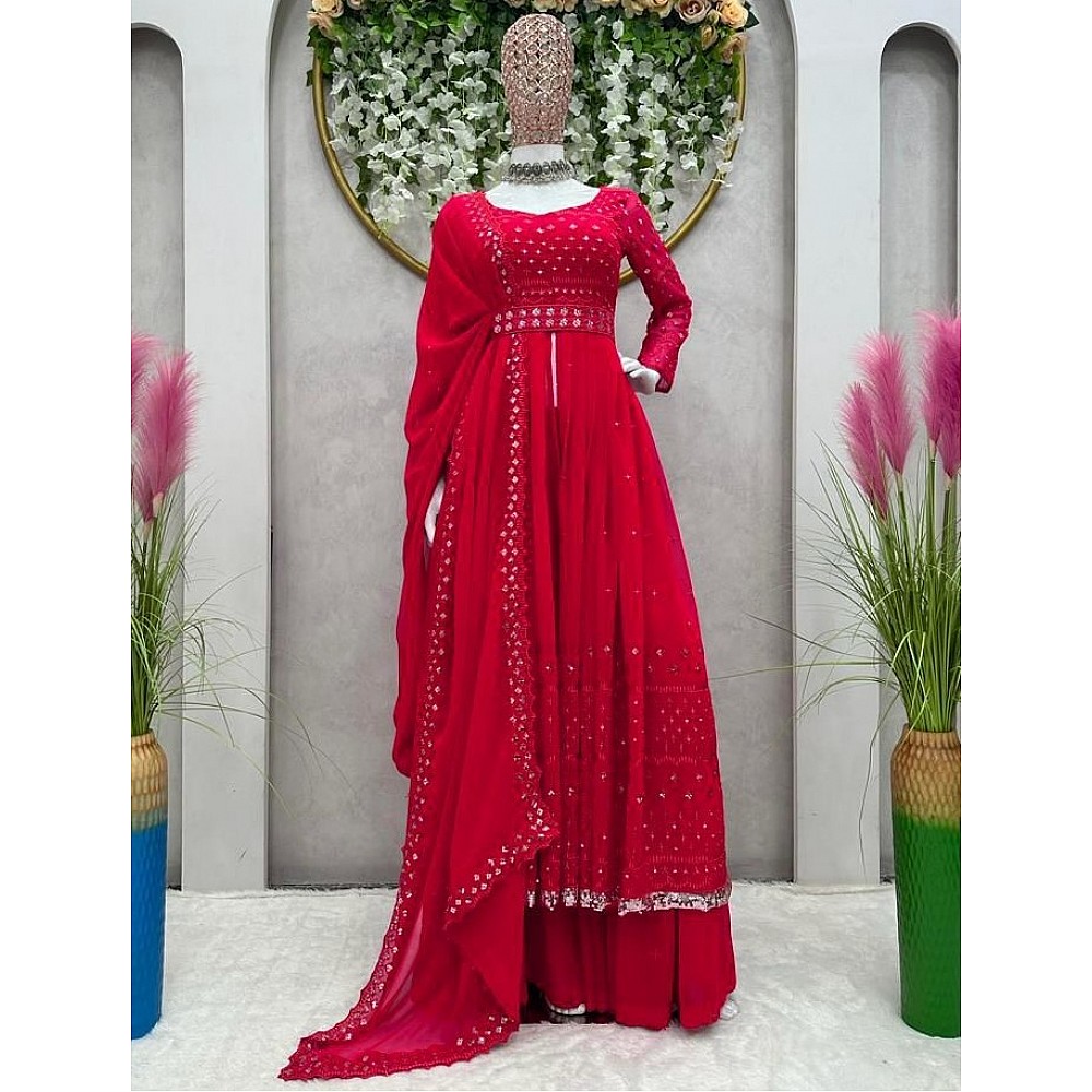 Red georgette thread sequence work gown sharara suit
