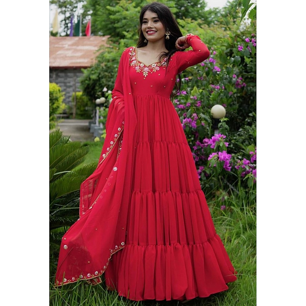 Red georgette thread sequence work heavy flair party wear gown