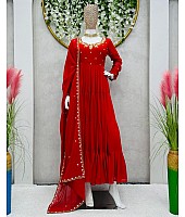 Red georgette thread sequence work heavy flair party wear gown