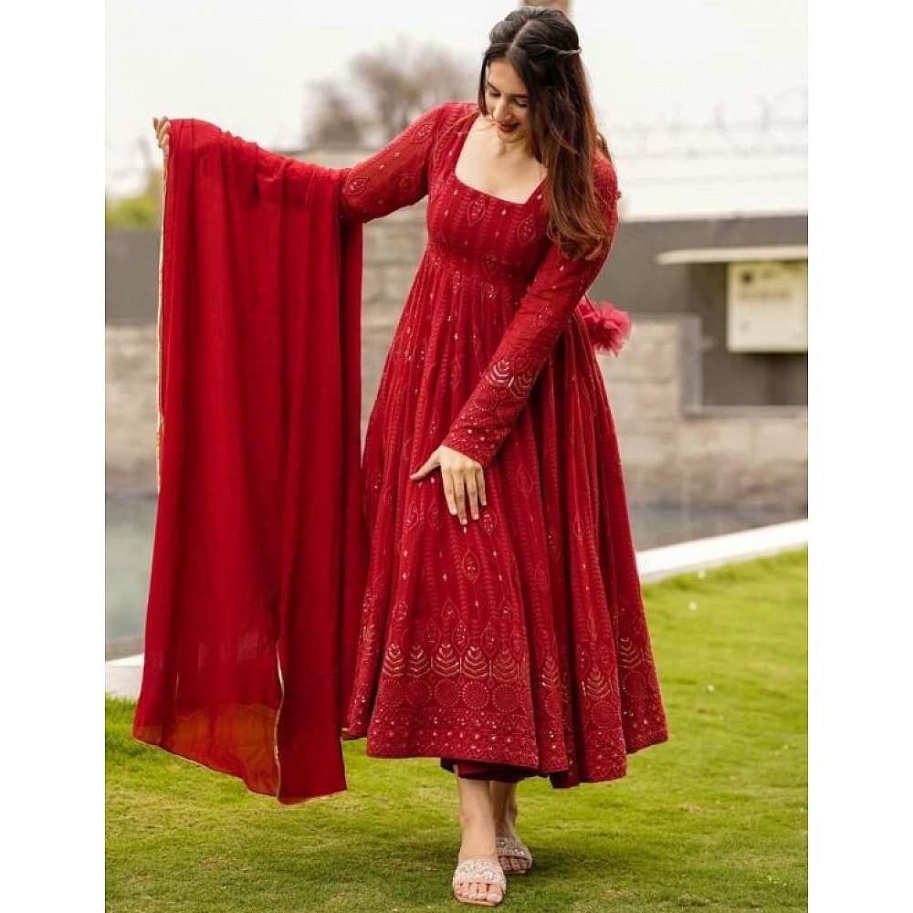 Red georgette thread sequence work party wear anarkali suit