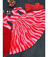 Red organza silk print and ribbon work anarkali suit