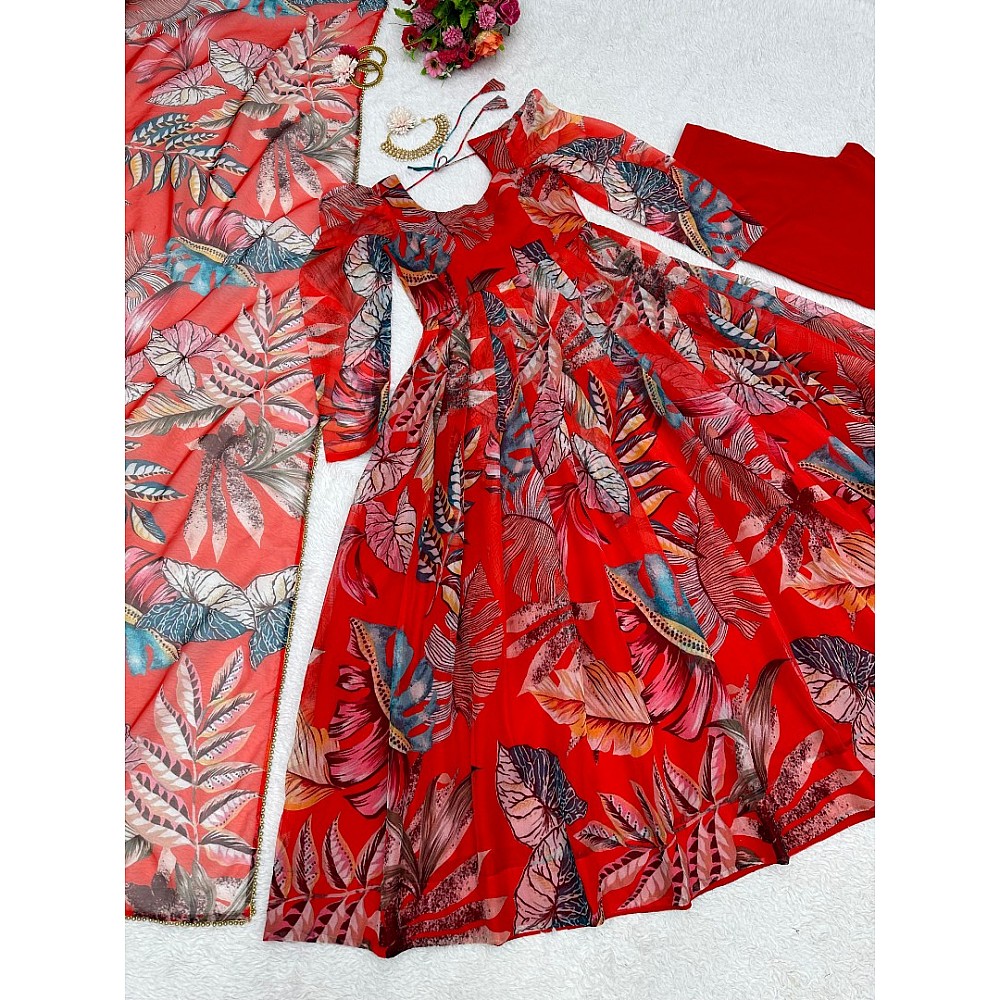 Red organza silk printed anarkali suit