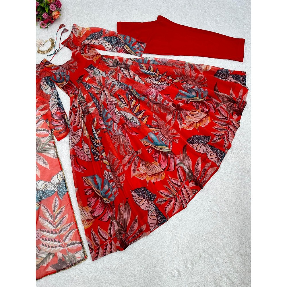Red organza silk printed anarkali suit