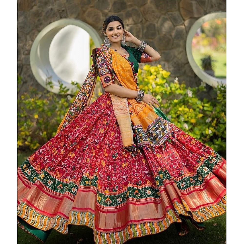 Multicolor cotton print and mirror work gujarati garba navratri lehenga  chaniya choli | Party wear indian dresses, Chaniya choli, Garba dress