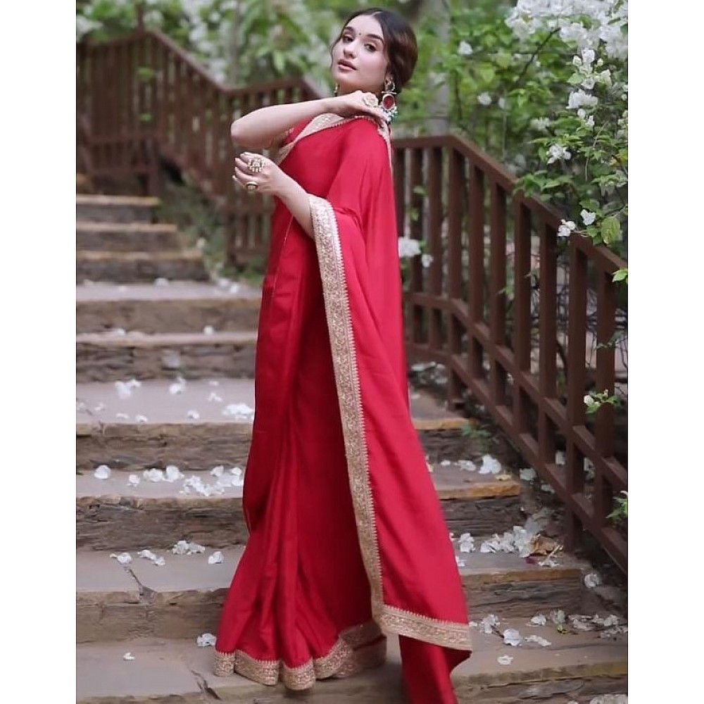 Red rangoli silk thread sequence work party wear saree