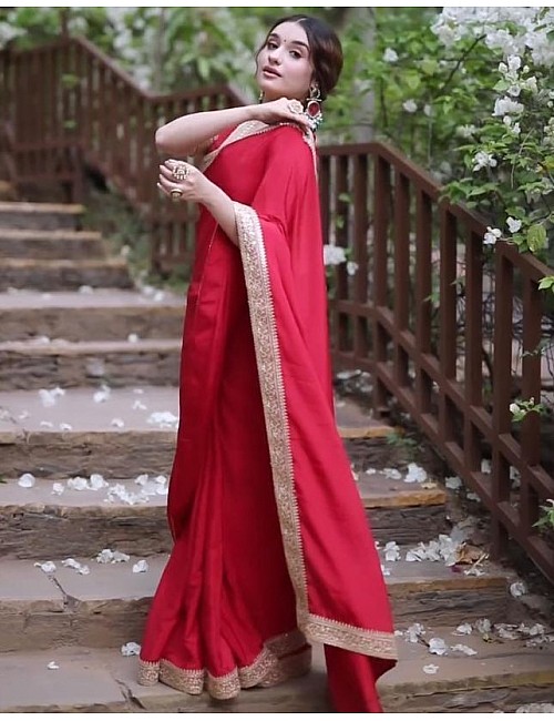 Red rangoli silk thread sequence work party wear saree