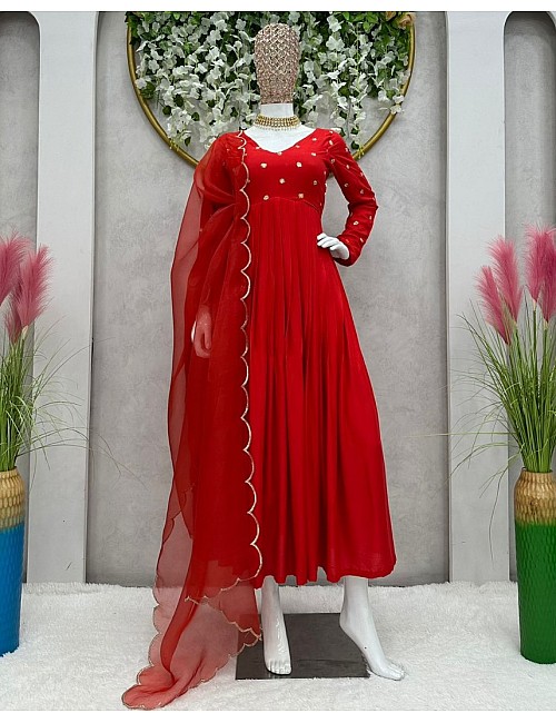 Red rayon sequence work party wear gown