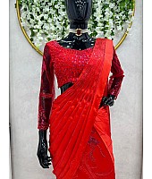 Red satin silk thread sequence work lehenga saree