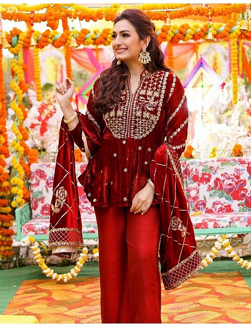 Red velvet wedding palazzo suit