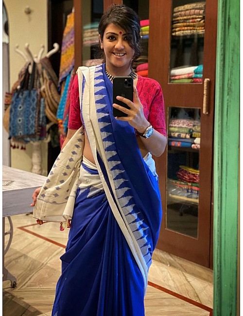 Royal blue chanderi cotton printed saree
