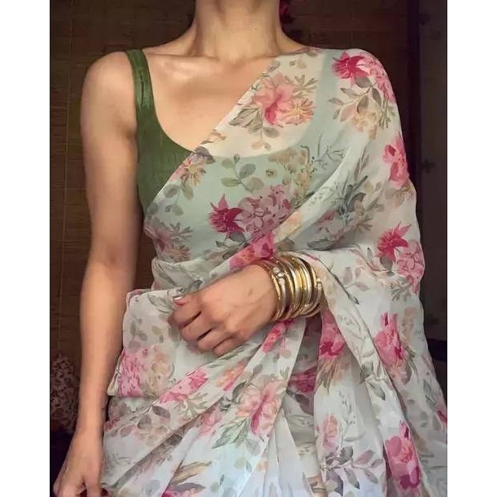 Sea green cotton linen floral printed casual saree
