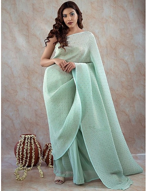 Sea green crushed georgette khatli handwork designer party wear saree