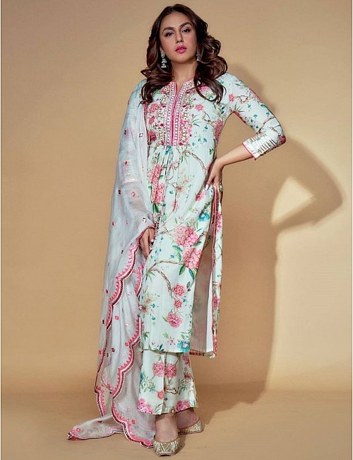 Sea green georgette floral print and embroidery work plazzo suit
