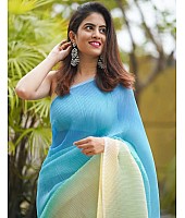 Sky blue and yellow crush georgette saree