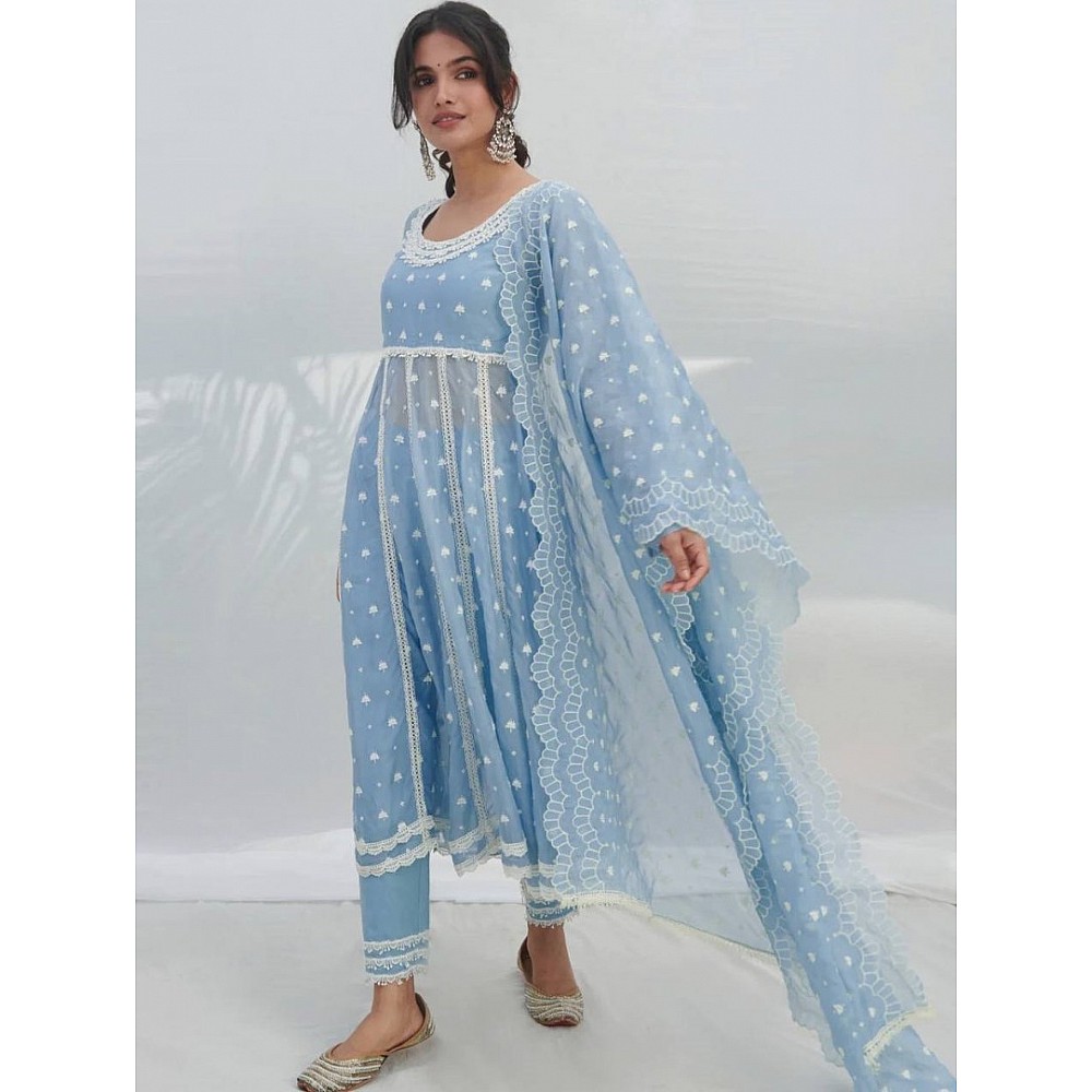 Sky blue georgette embroidery work pant suit