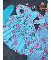 Sky blue georgette floral printed anarkali suit