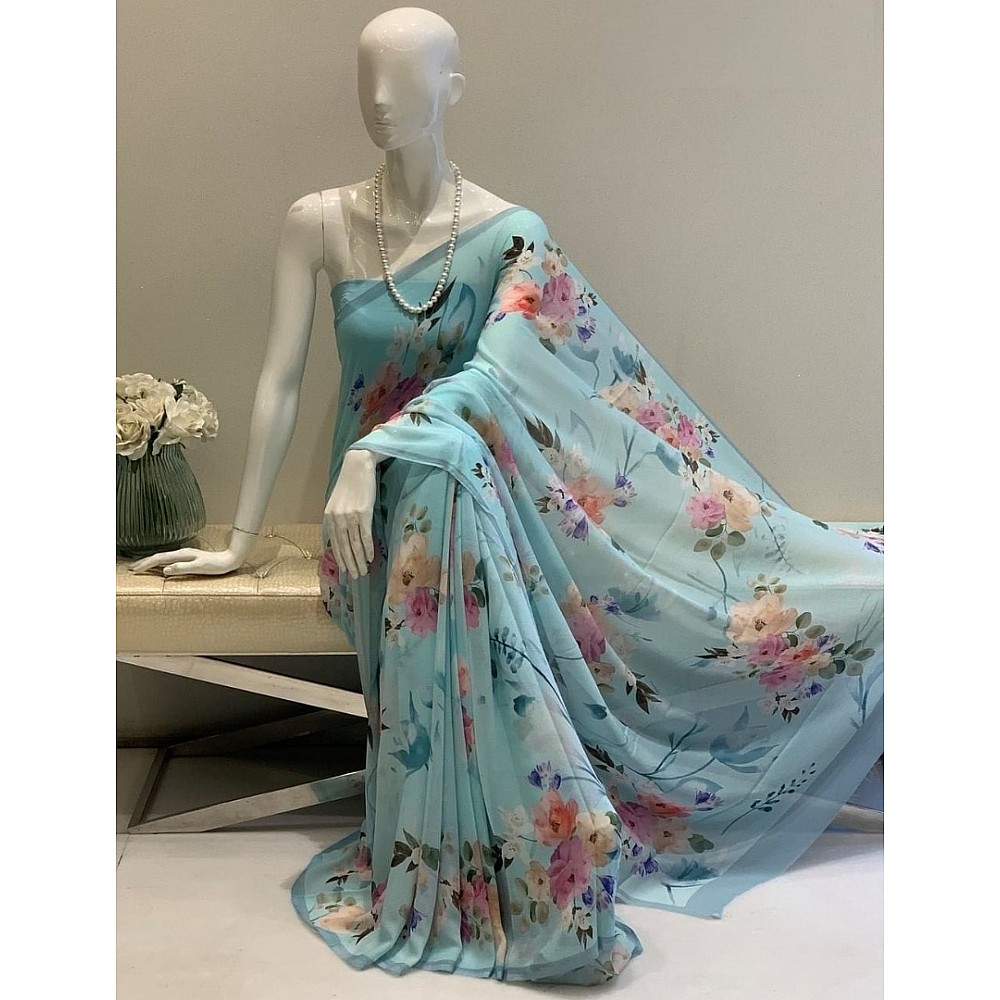 Sky blue georgette floral printed saree