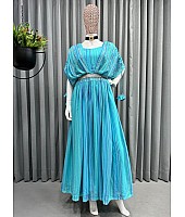 Sky blue georgette handwork gown with belt