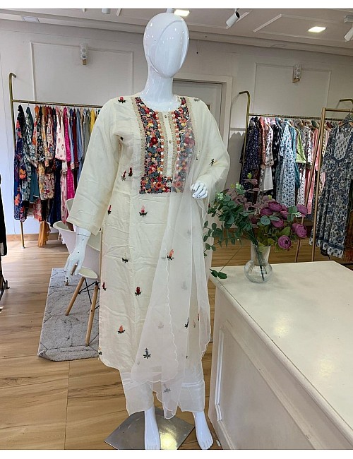 White chanderi thread sequence mirror work pant suit