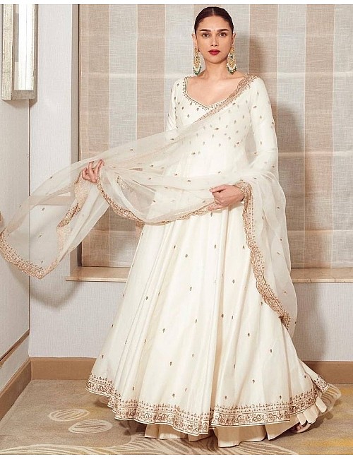 White embroidery work long anarkali suit